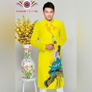 ao dai nam lụa in sen, Vietnamese men’s contemporary long dress top yellow s 5xl